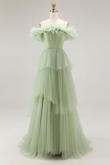 Dusty Sage Off The Shoulder A Line Ruffle Long Prom Dress